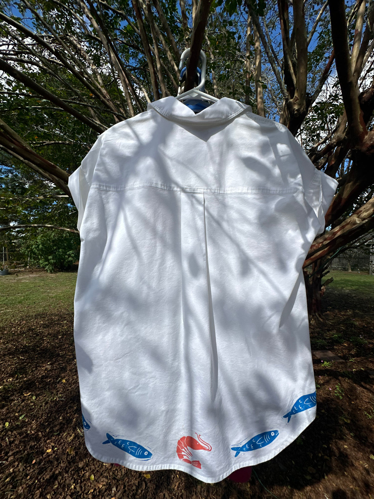 White Button Up Fishy Cabana Shirt