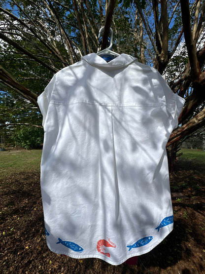 White Button Up Fishy Cabana Shirt