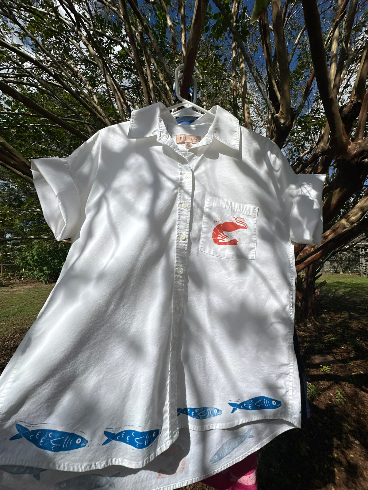 White Button Up Fishy Cabana Shirt