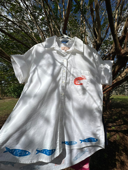 White Button Up Fishy Cabana Shirt